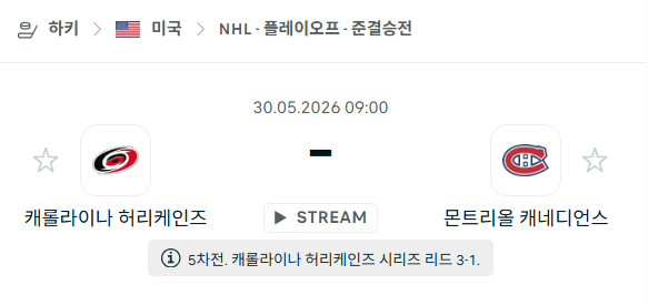 NHL 5월30일 캐롤라이나 허리케인스 vs 몬트리올 캐나디언스 경기 분석 및 승부 예측