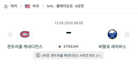 NHL 5월13일 몬트리올 캐네디언스 vs 버팔로 세이버스 경기 분석 및 승부 예측