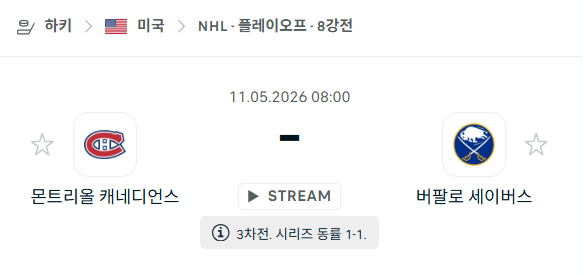 NHL 5월11일 몬트리올 캐나디언스 vs 버팔로 세이버스 경기 분석 및 승부 예측