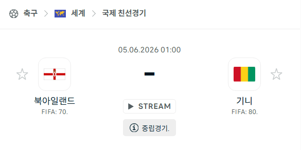북아일랜드 vs 기니 국가대표팀 친선경기 6월5일 경기 분석 및 예측