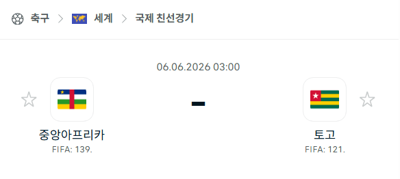 2026년 6월 6일 중앙아프리카공화국 vs 토고 국가대표 친선경기 승부 예측