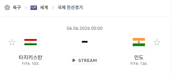 타지키스탄 vs 인도 국가대표팀 친선경기 승부 예측 분석 | 2026년 6월6일