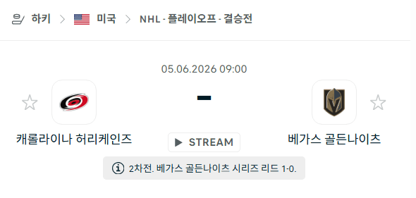 캐롤라이나 허리케인스 vs 베가스 골든나이츠 6월5일 경기 분석 및 승부 예측