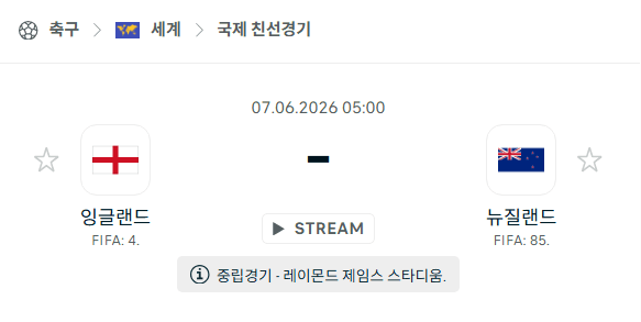 6월 7일 잉글랜드 vs 뉴질랜드 국가대표 친선경기 경기 분석 및 승부 예측