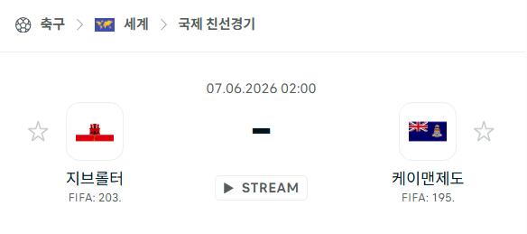지브롤터 vs 케이맨제도 친선경기 승부예측 분석 (2026년 6월 7일)