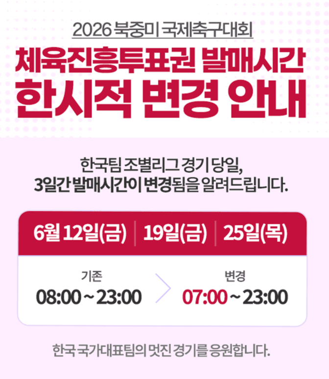 2026 월드컵 한국 경기일, 스포츠토토 발매 시간 1시간 앞당긴다